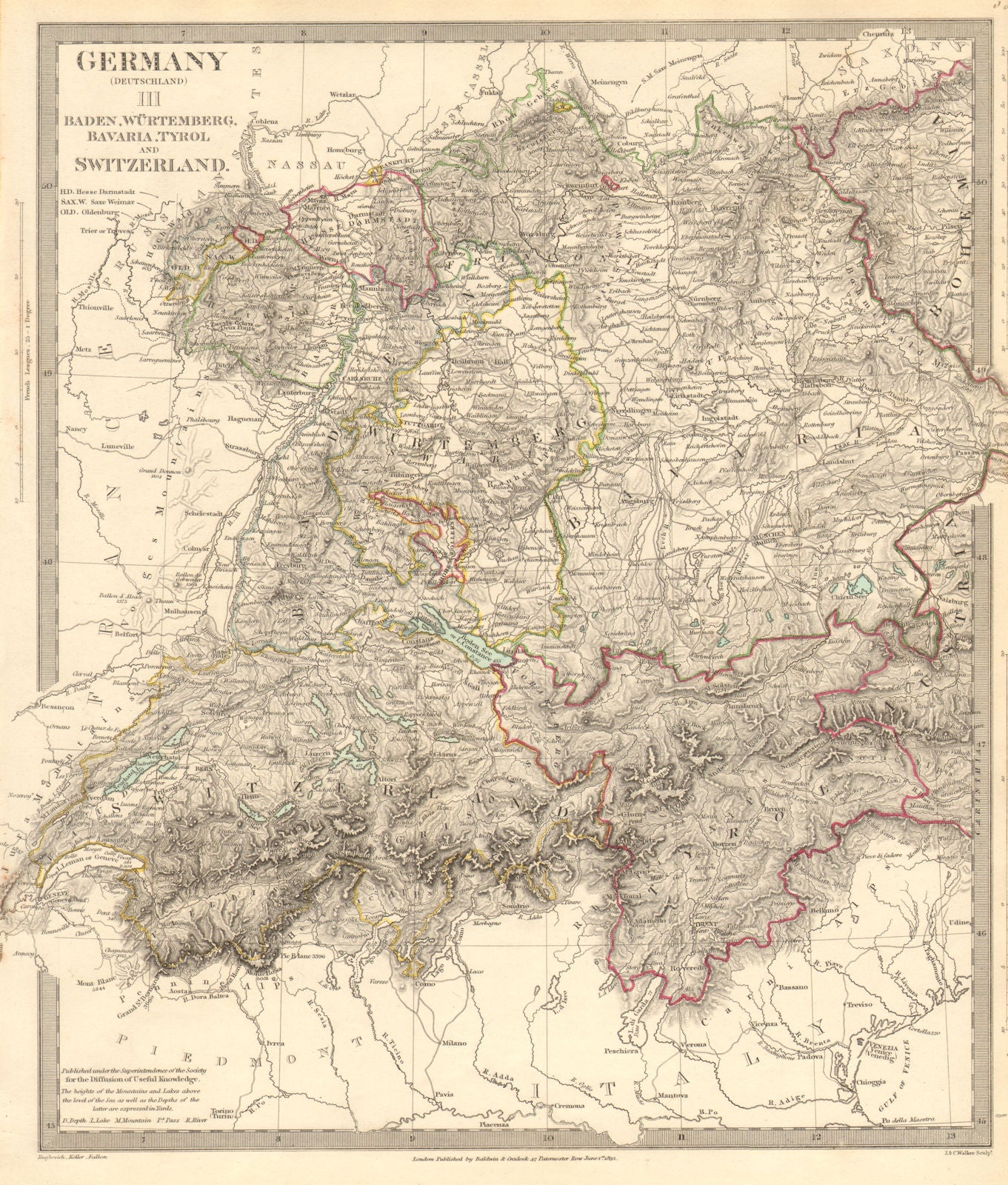 GERMANY SWITZERLAND AUSTRIA. Baden, Württemberg, Bavaria, Tyrol. SDUK 1848 map